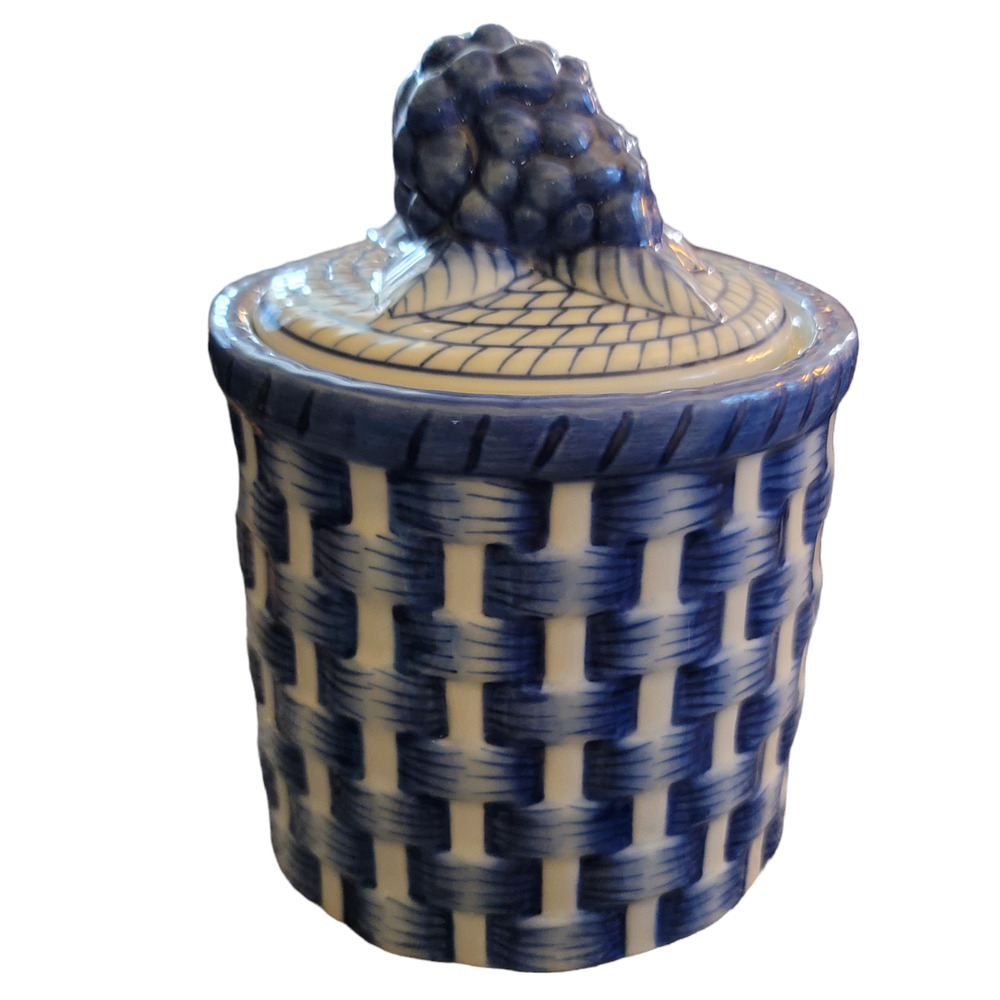 Vintage Basket Weave Pottery Jar with Grape Topped Lid Blue